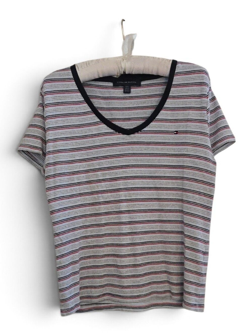 Tommy Hilfiger White V-Neck Tee with Navy and Red Stripes